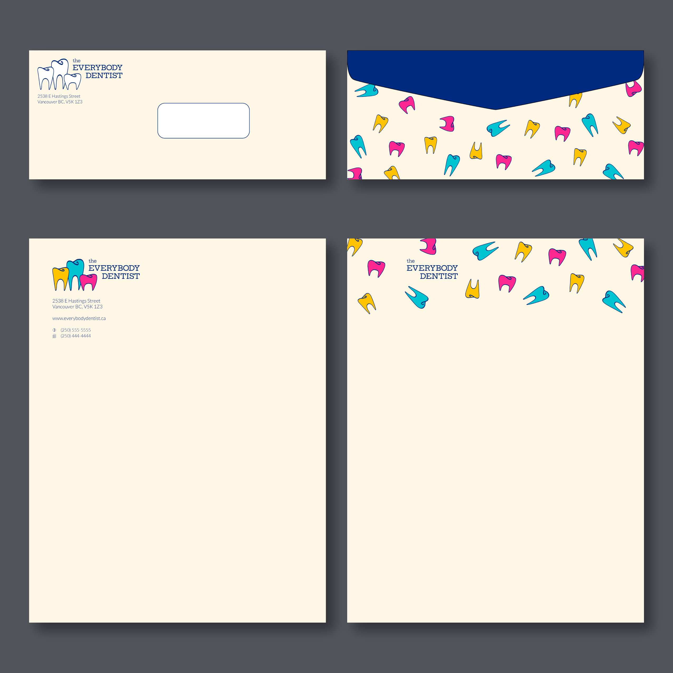 Everybody dentist branded stationery envelope and letterhead