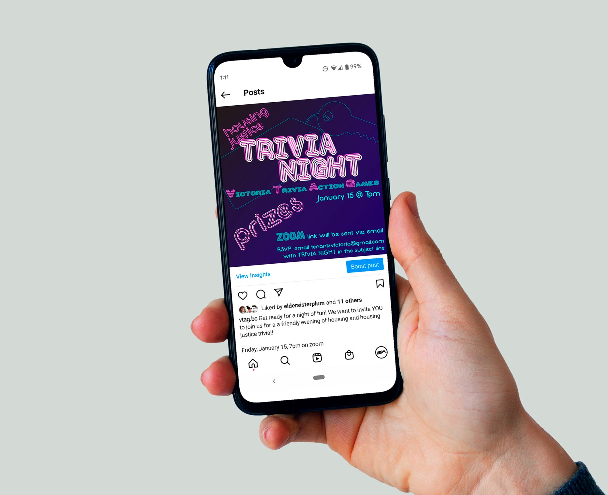 Victoria Trivia Action Games instagram post promoting housing justice trivia night and prizes.