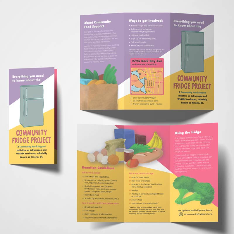Tri-fold brochure featuring Victoria's Community Fridge Project in bright purple pink and yellow.
