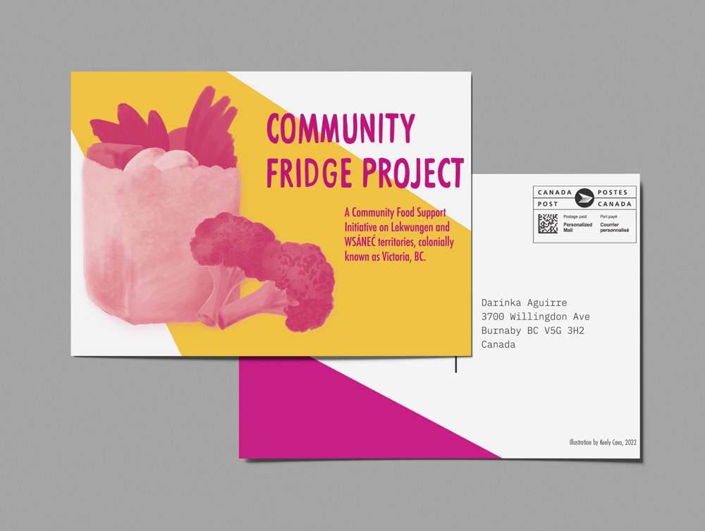 Community Fridge Project promotional postcard featuring illustration of grocery bag and groceries.