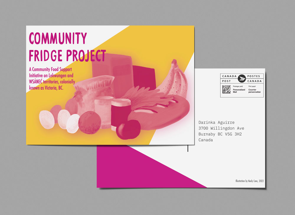 Community Fridge Project promotional postcard featuring illustration of various food products.