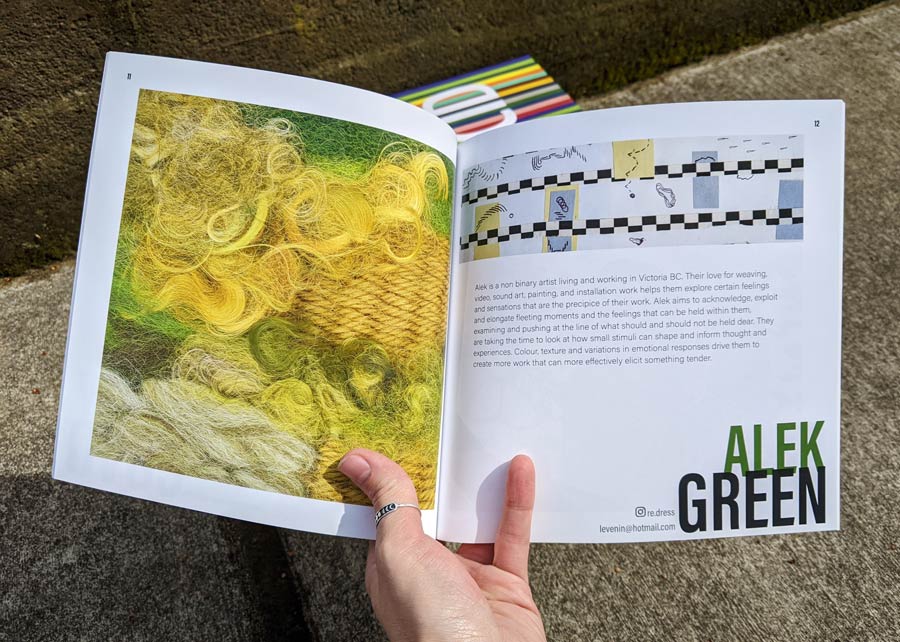 Lucid catalogue open to artist bio page featuring green wool weaving, drawing, and artist statement.