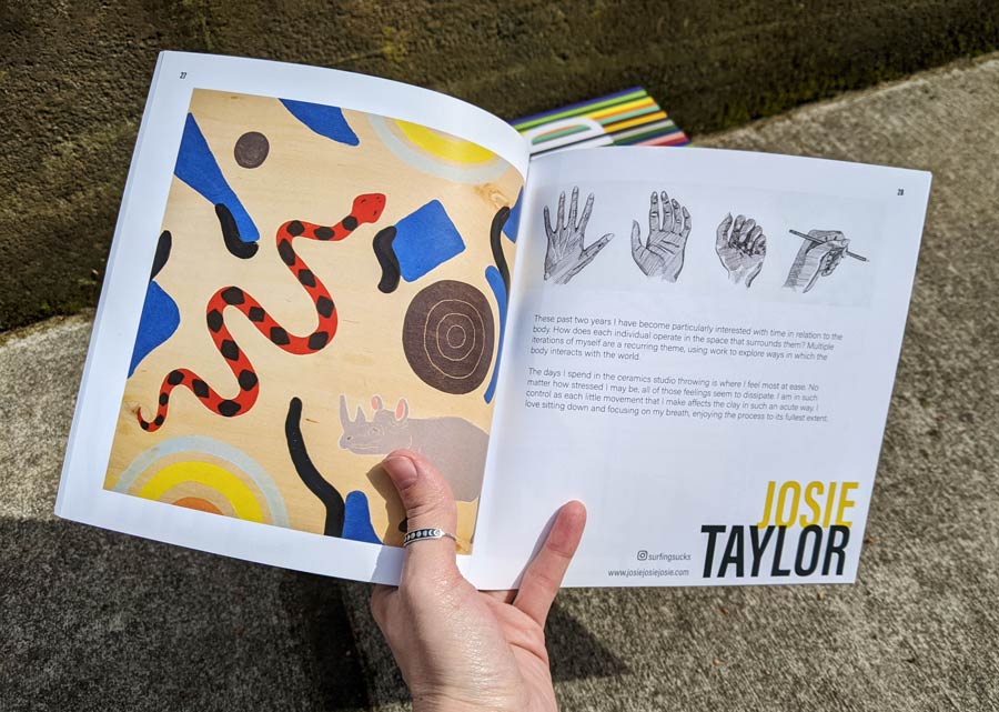 Lucid catalogue open to artist bio page featuring acrylic painting of a snake and rhinoceros, line drawings of hands, and artist statement.