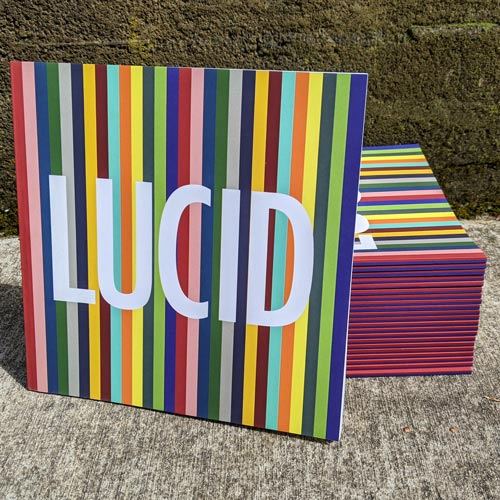 Art show catalogue featuring multicolour vertical stripes and the show title lucid in large white type.