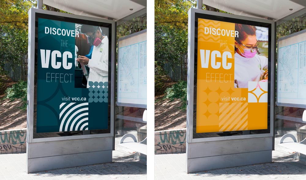 Vancouver Community College bus stop poster in blue and yellow.